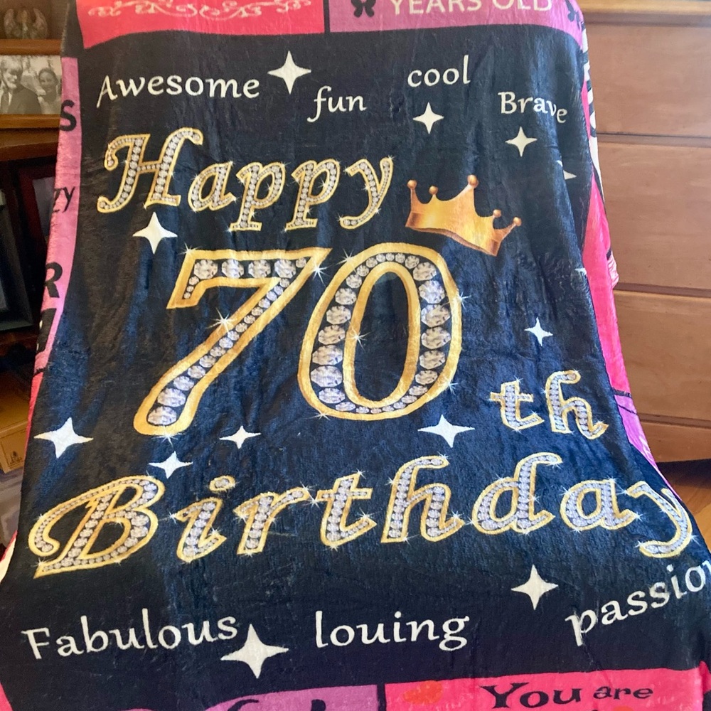 NWOT 70th Birthday Blanket Black Pink & Gold Super Soft Size 60” x 50”